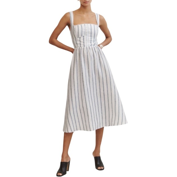 Reformation Women's Tagliatelle Linen Midi Dress - Harbor Stripe | NWT | Size 8 - Picture 2 of 16